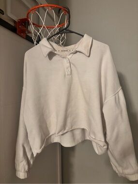 aerie White Cropped Collared Pullover Sweatshirt